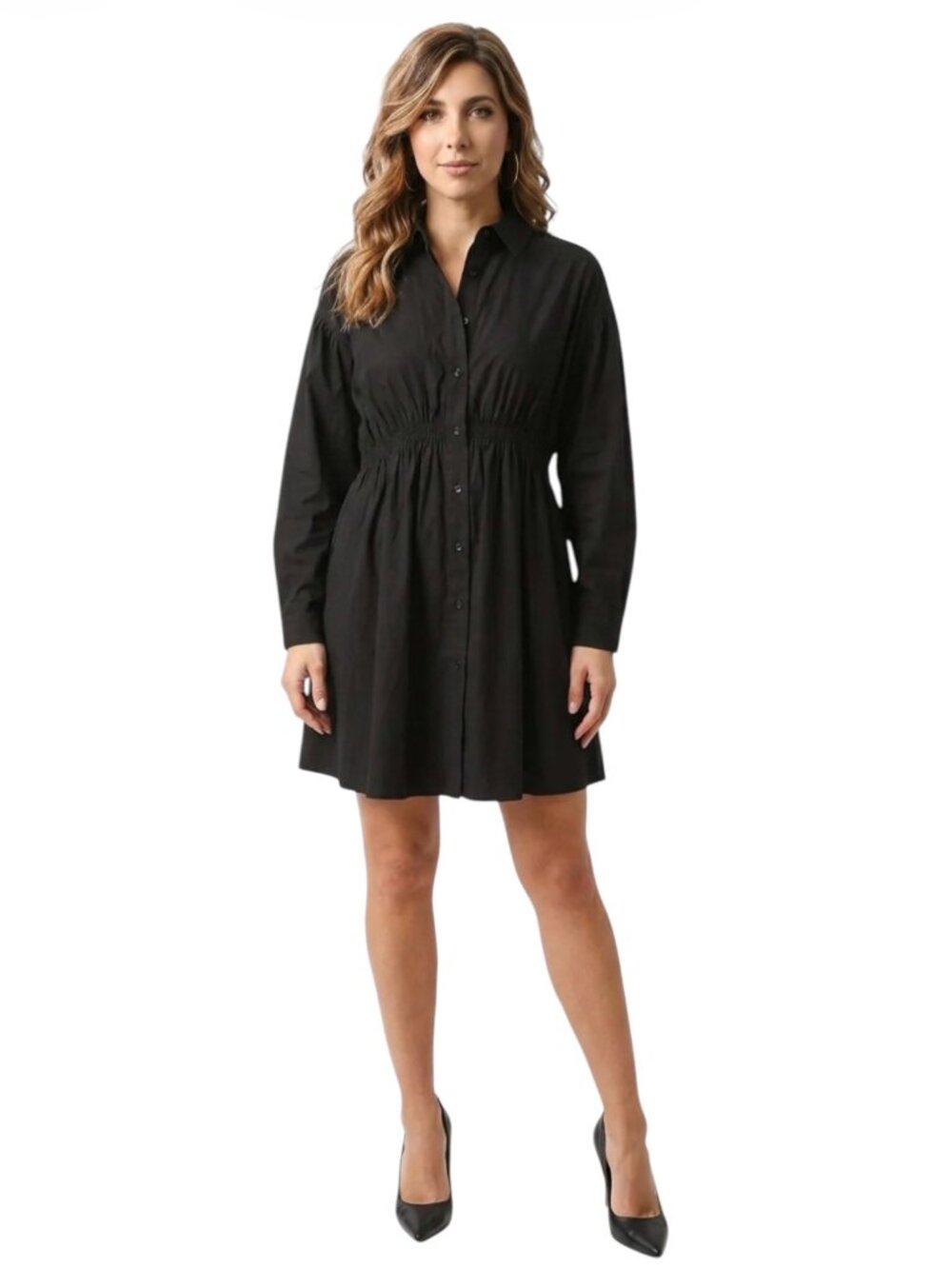 The Korner Small Black Long Sleeve Button Down Smocked Waist Cotton Dress EUC